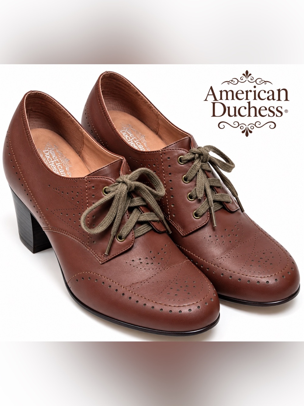 American Duchess Claire 1940s Oxfords Brown Leather Wide 10W Vintage Heels